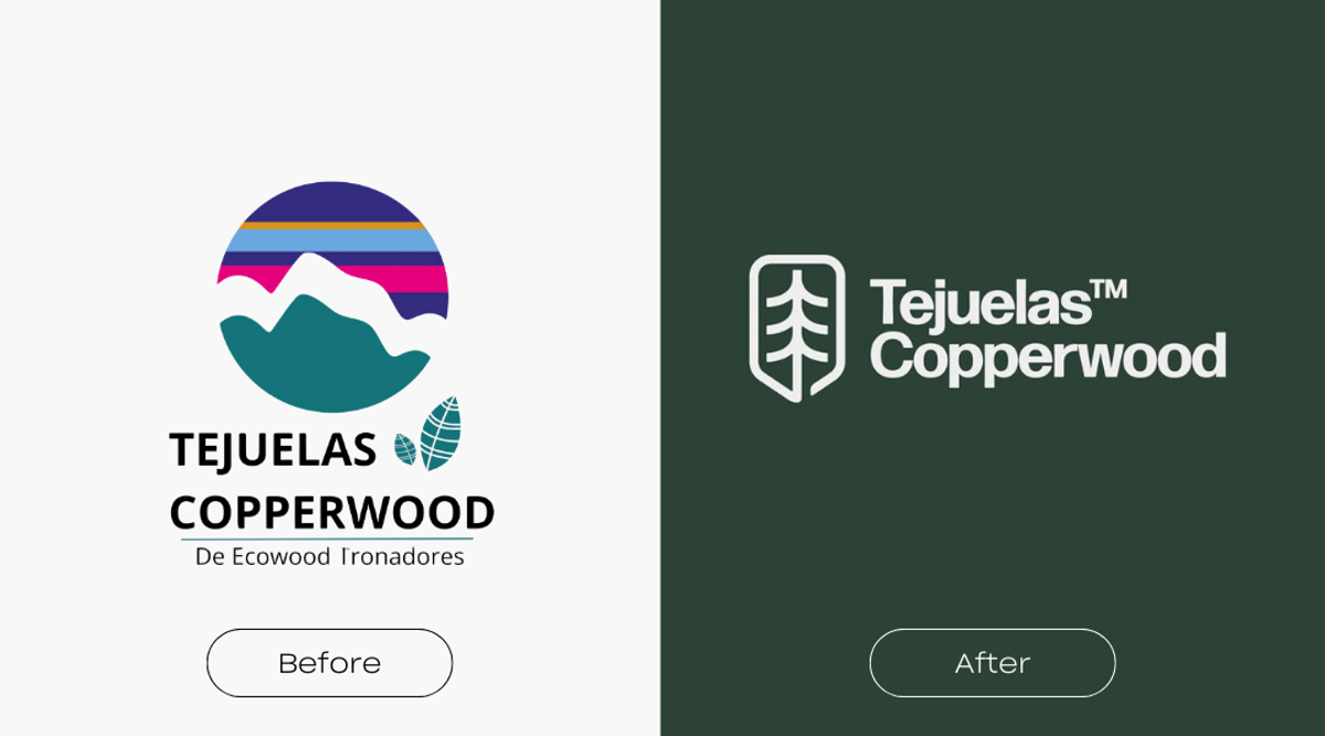 Comparación antes y después del rebranding de Tejuelas Copperwood, diseñado por Tomás V.