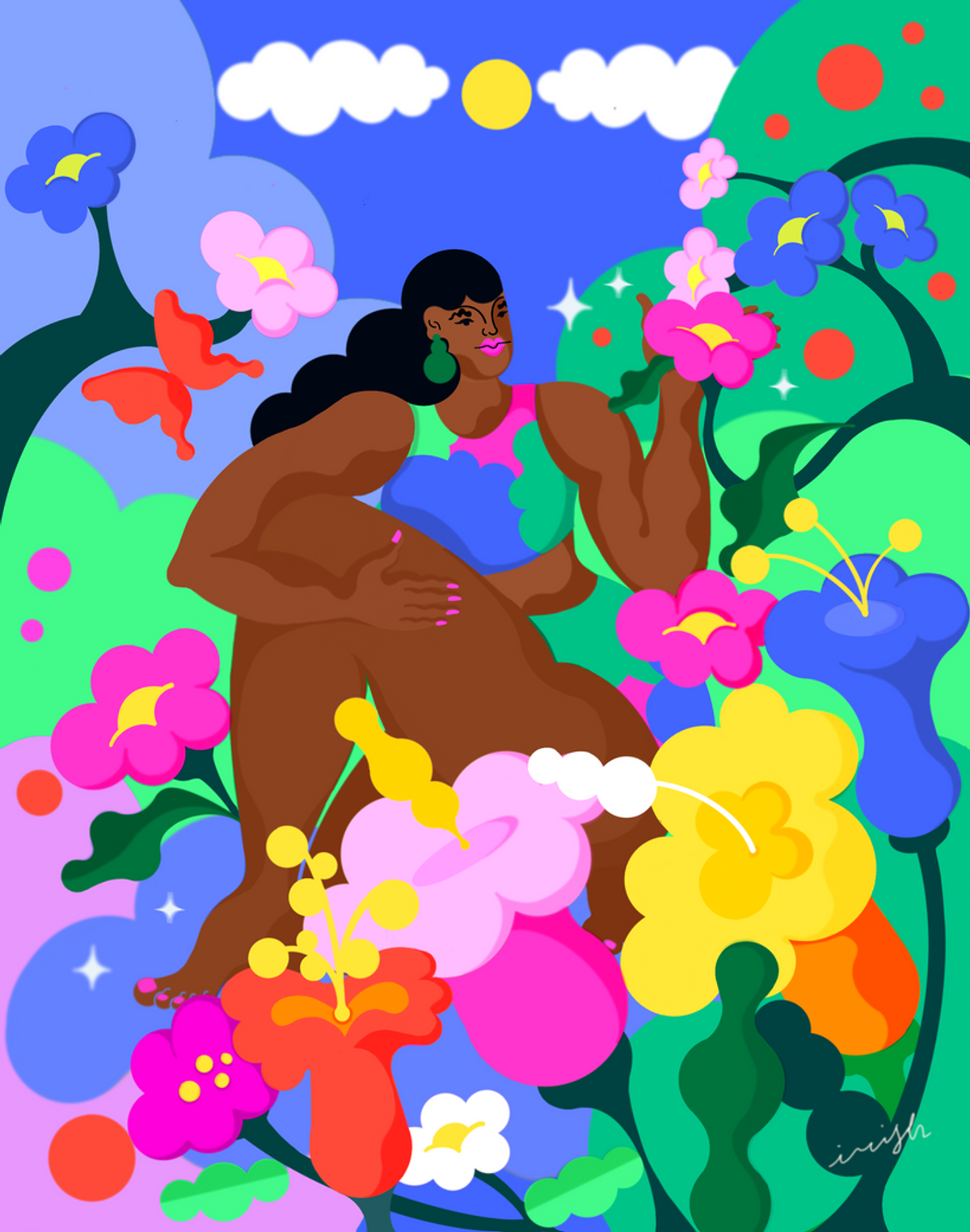Ilustración de mujer rodeada de flores coloridas en la naturaleza - obra de Iris M.