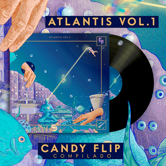 Portada del compilado Atlantis Vol.1 de Candy Flip - diseño con disco de vinilo sobre ilustración submarina