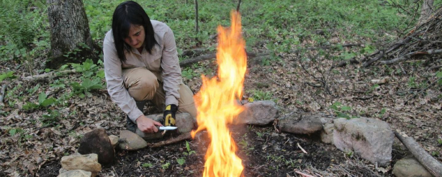 Woman sitting next to fire in forest