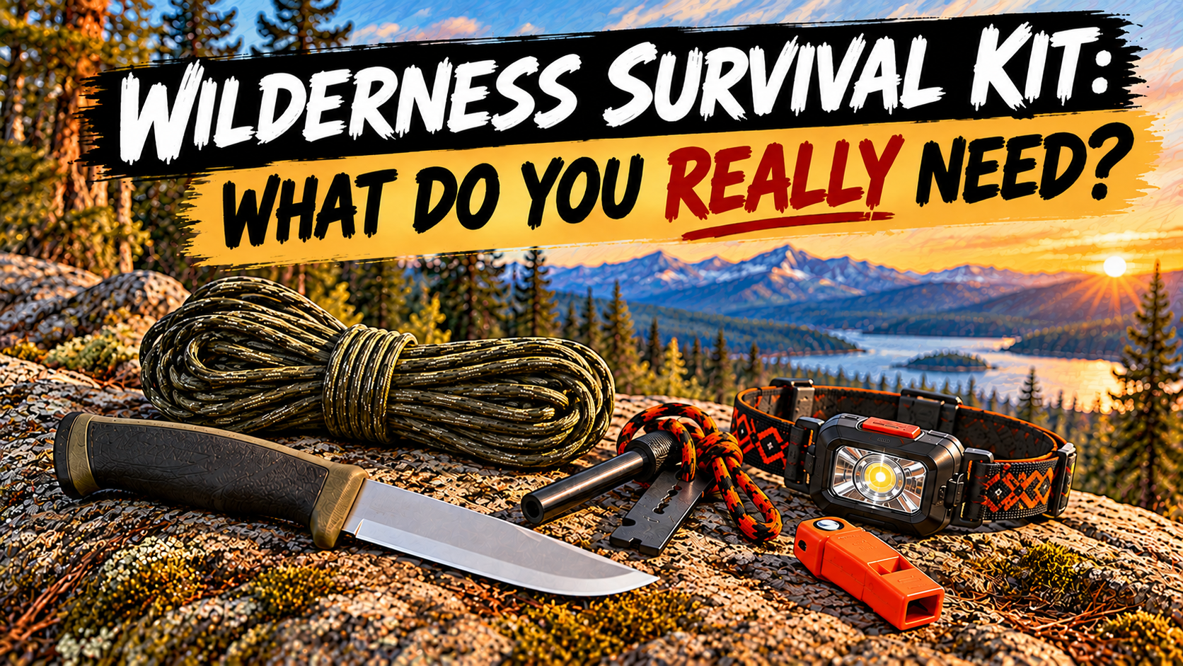 Survival Gear on a Boulder with Sunset Behind