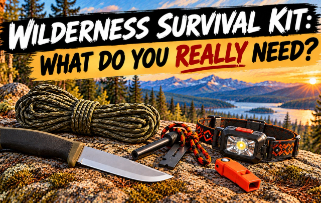 Survival Gear on a Boulder with Sunset Behind