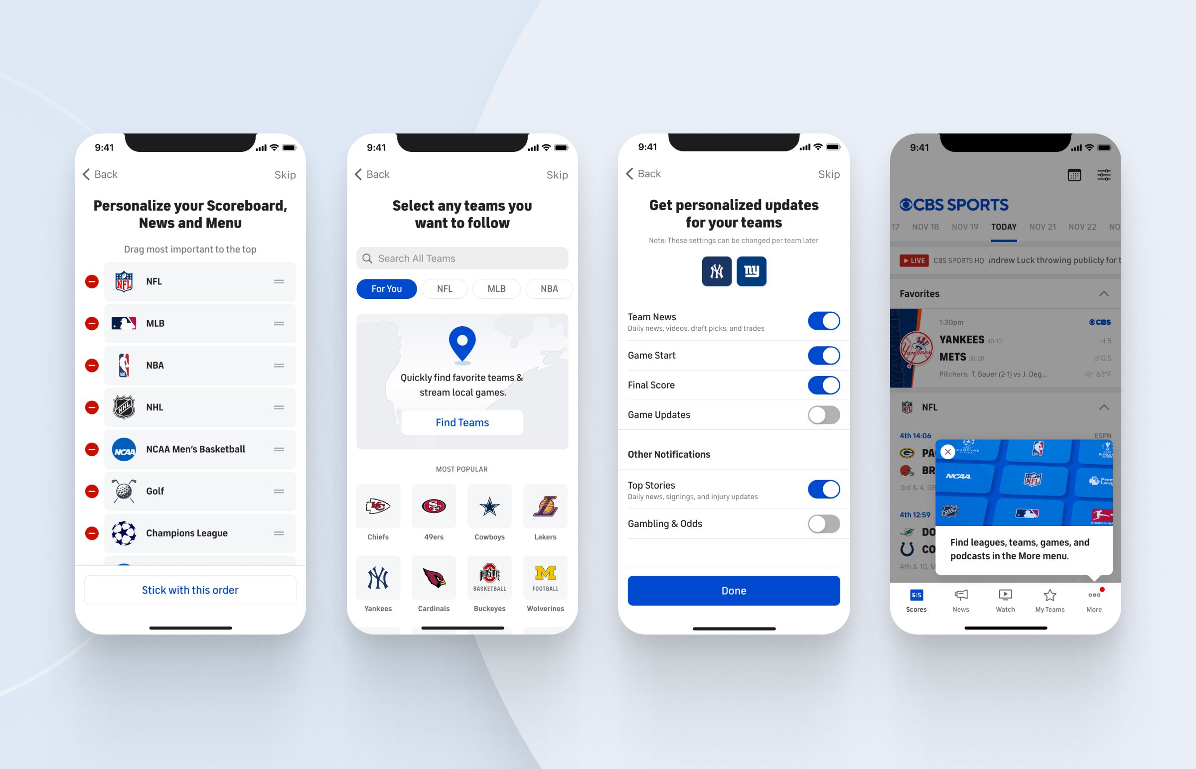 CBS Sports app onboarding screens