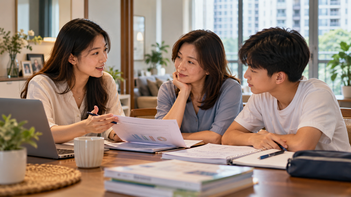 Asian tutor with parent and student.