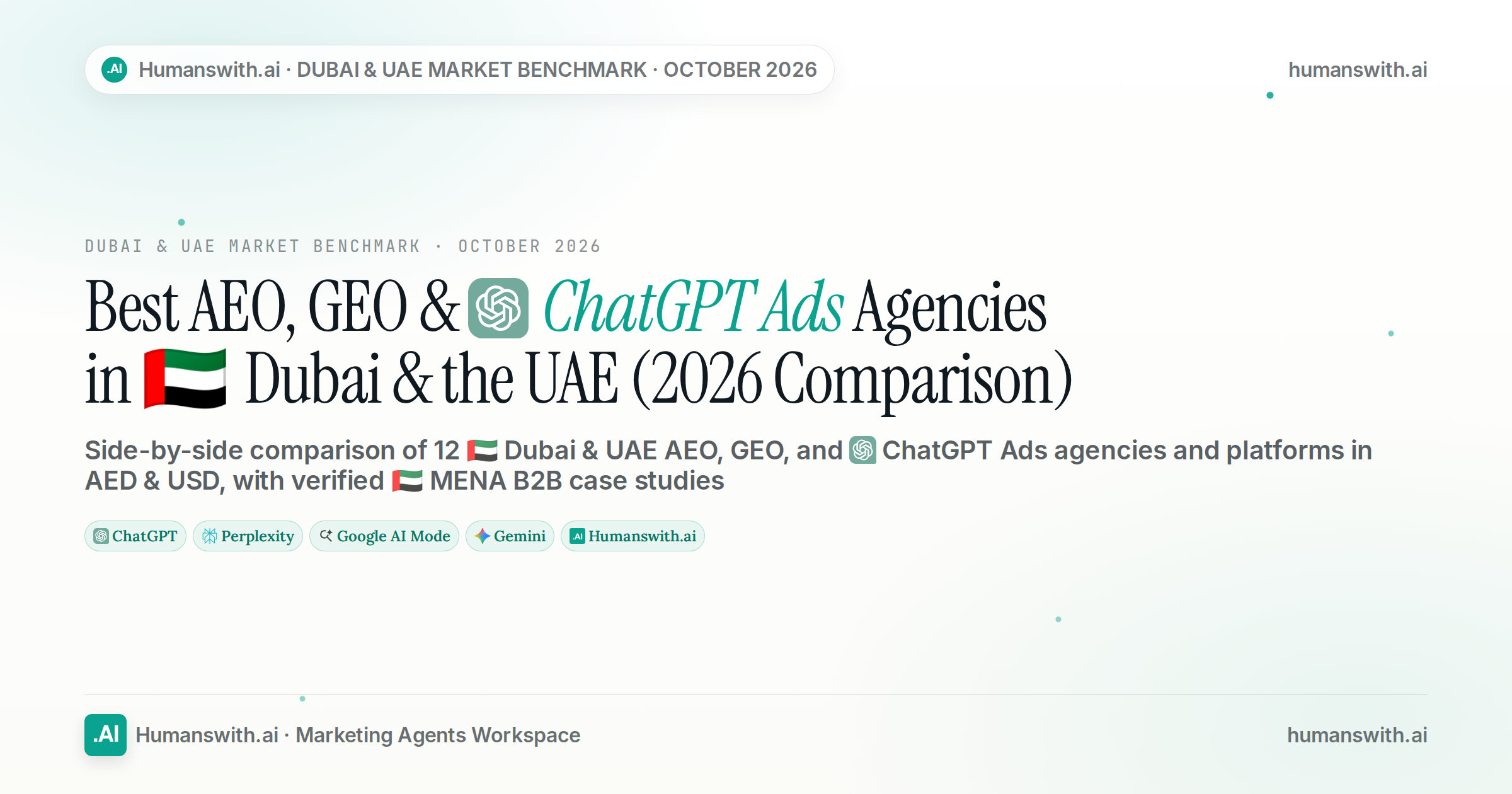 Editorial cover for Best AEO, GEO & ChatGPT Ads Agencies in Dubai & the UAE (2026 Comparison) featuring ChatGPT, Perplexity, Google AI Mode, prepared for humanswith.ai