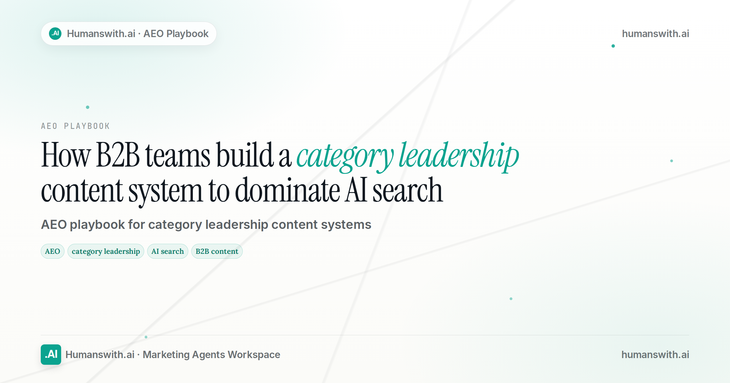 Editorial cover for How B2B teams build a category leadership content system to dominate AI search featuring AEO, category leadership, AI search, prepared for humanswith.ai