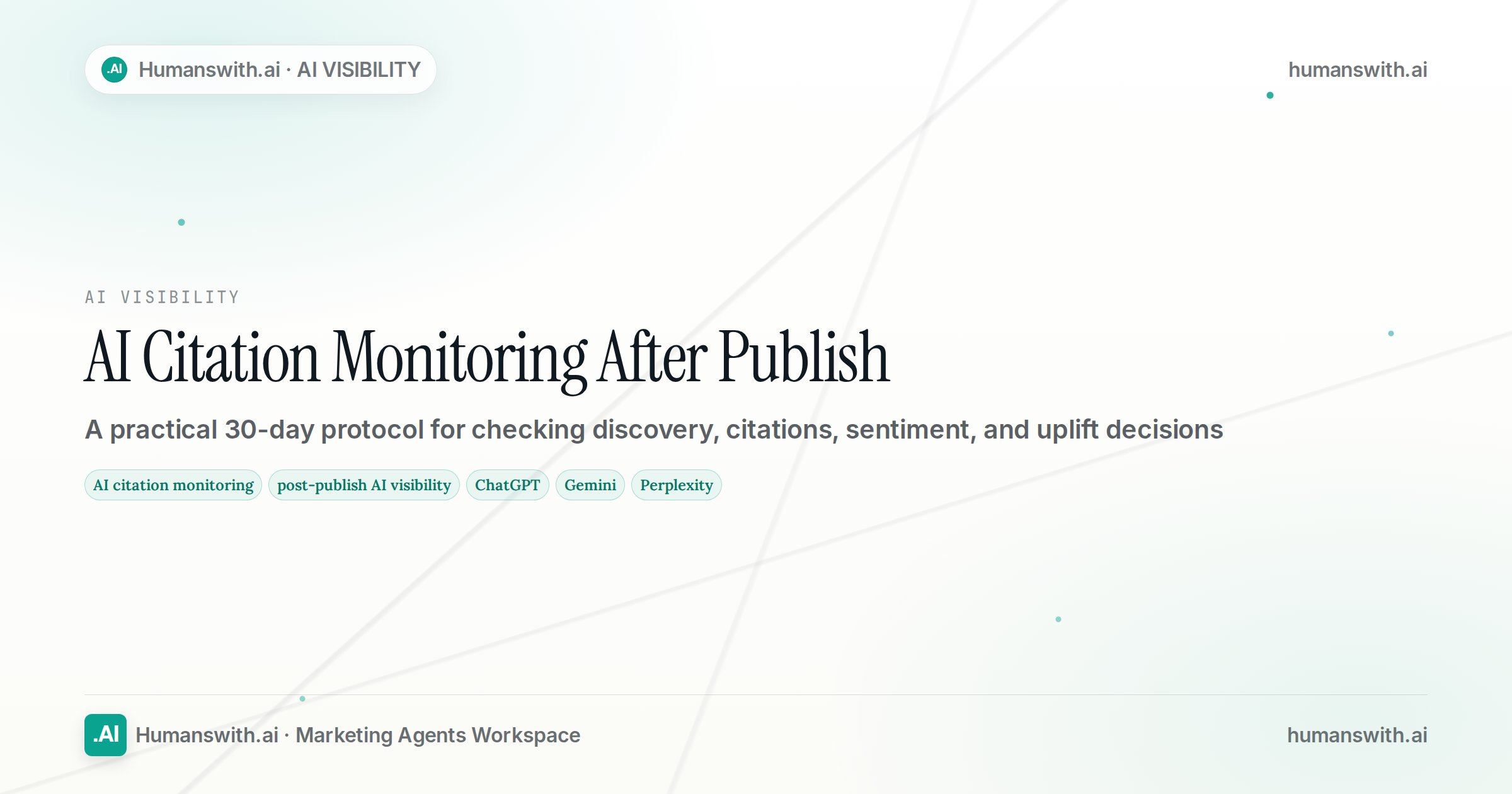 Editorial cover for AI Citation Monitoring After Publish featuring AI citation monitoring, post-publish AI visibility, ChatGPT, prepared for humanswith.ai.