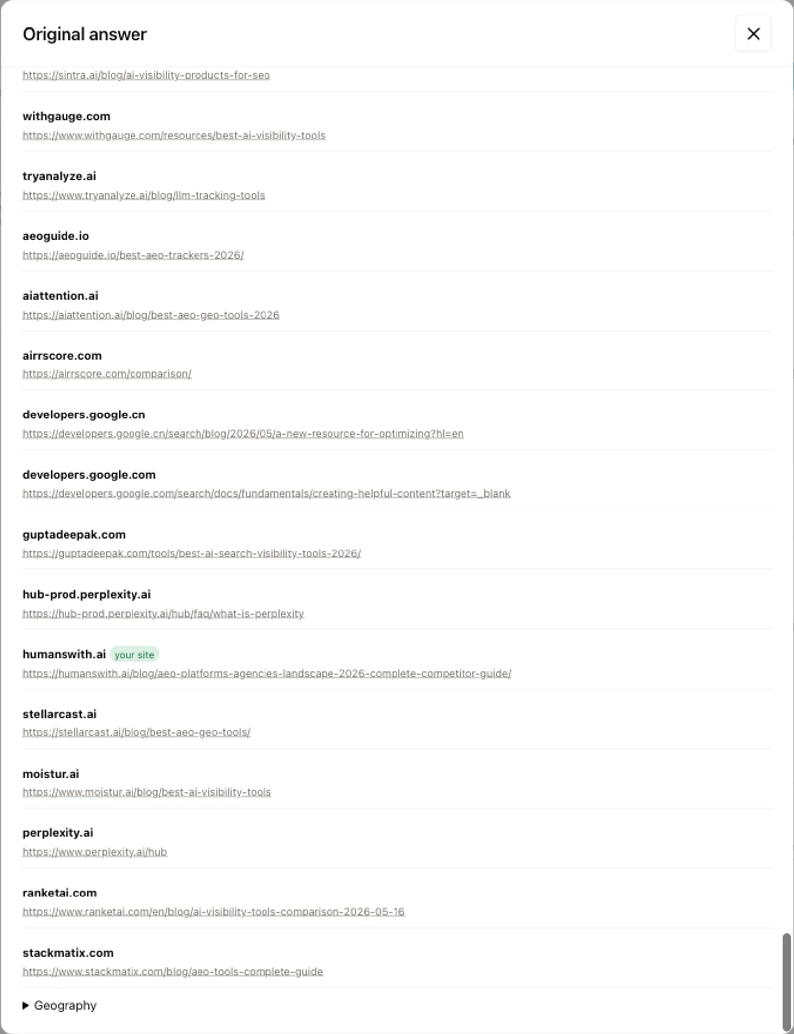 The saved ChatGPT answer source list includes the Humanswith.ai platforms and agencies landscape page, tagged as an owned site.