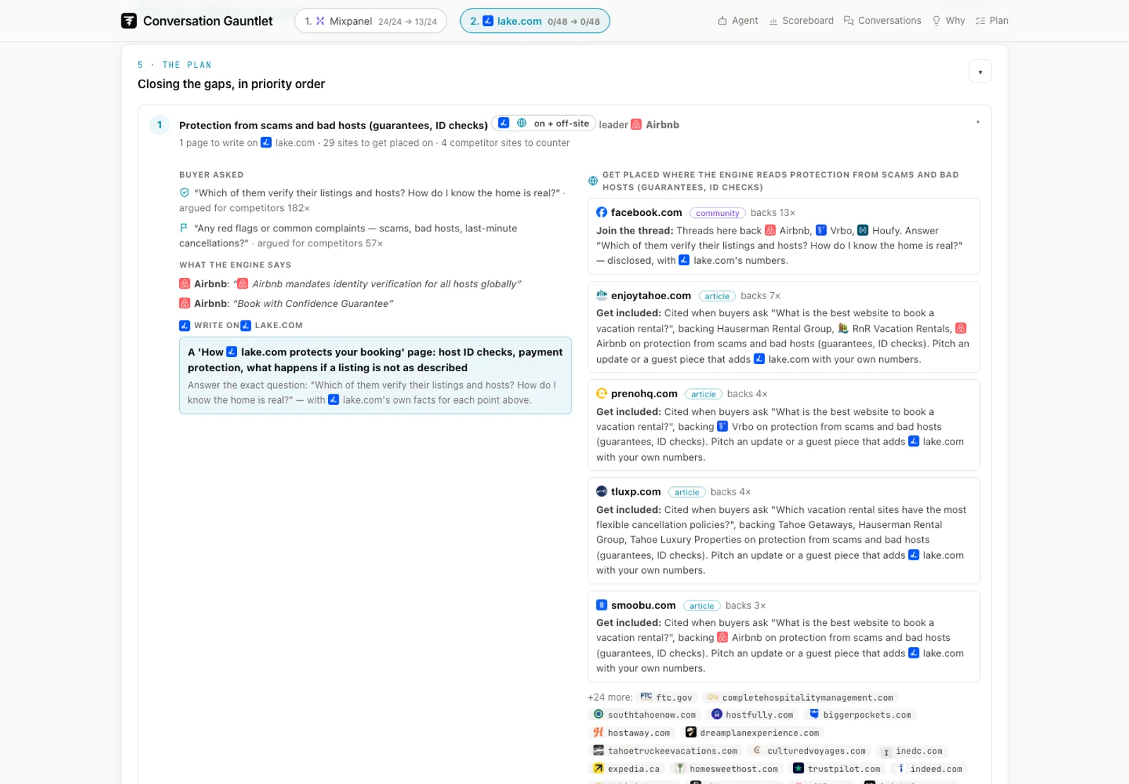 Conversation Gauntlet citation source graph and priority gap-closing action plan UI