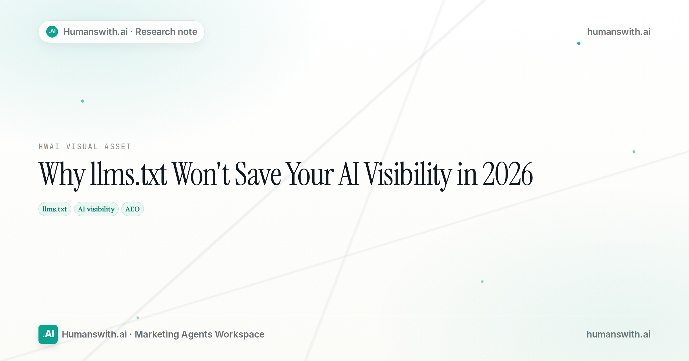 Editorial cover for Why llms.txt Won't Save Your AI Visibility in 2026 featuring llms.txt, AI visibility, AEO, prepared for humanswith.ai