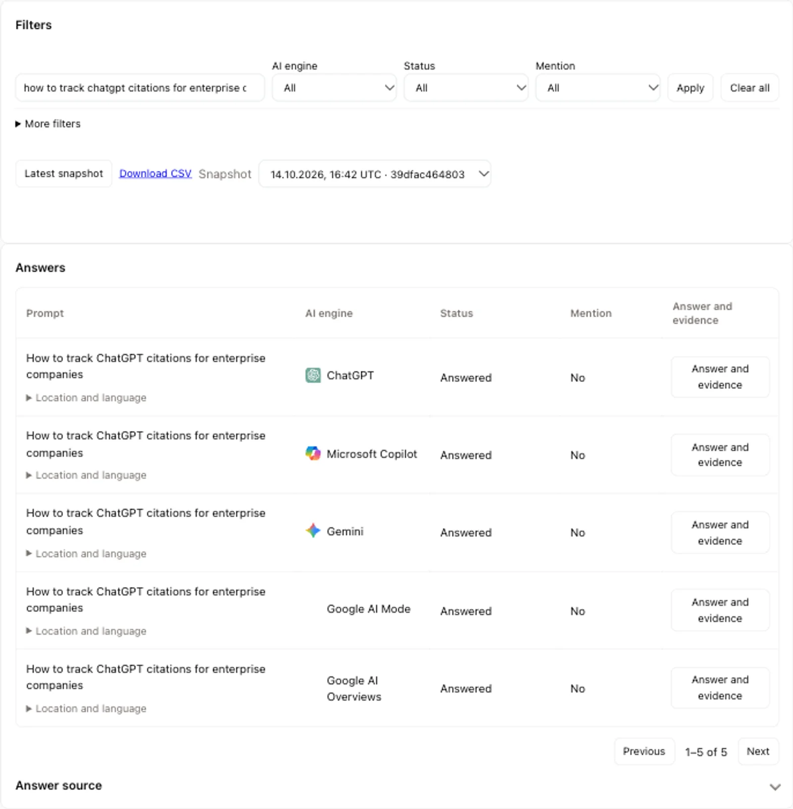 Five saved engine responses to one buyer question, each marked answered with no literal brand mention.