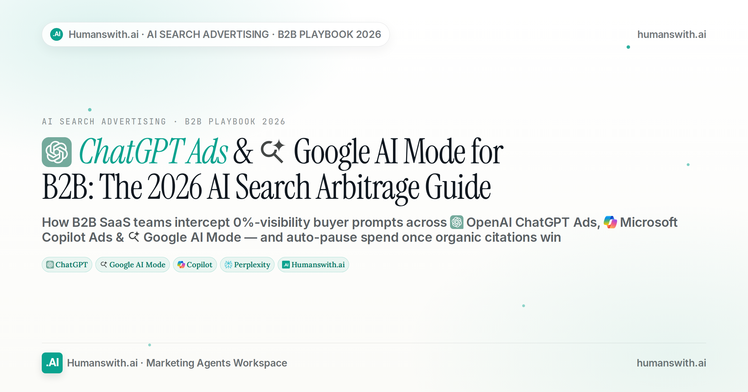 Editorial cover for ChatGPT Ads & Google AI Mode for B2B: The 2026 AI Search Arbitrage Guide featuring ChatGPT, Google AI Mode, Copilot, prepared for humanswith.ai