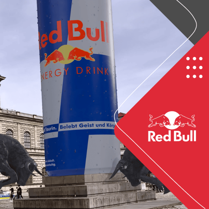Red Bull CGI mit riesiger Energy-Drink-Dose und zwei Bullen in München