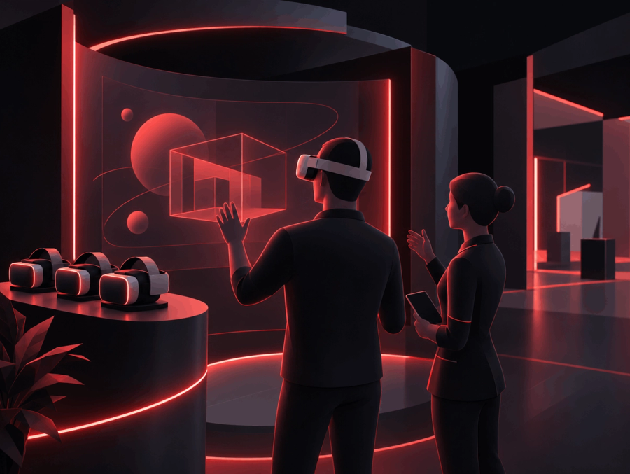 VR-Nutzer erlebt eine digitale 3D-Szene an einer Messeinstallation