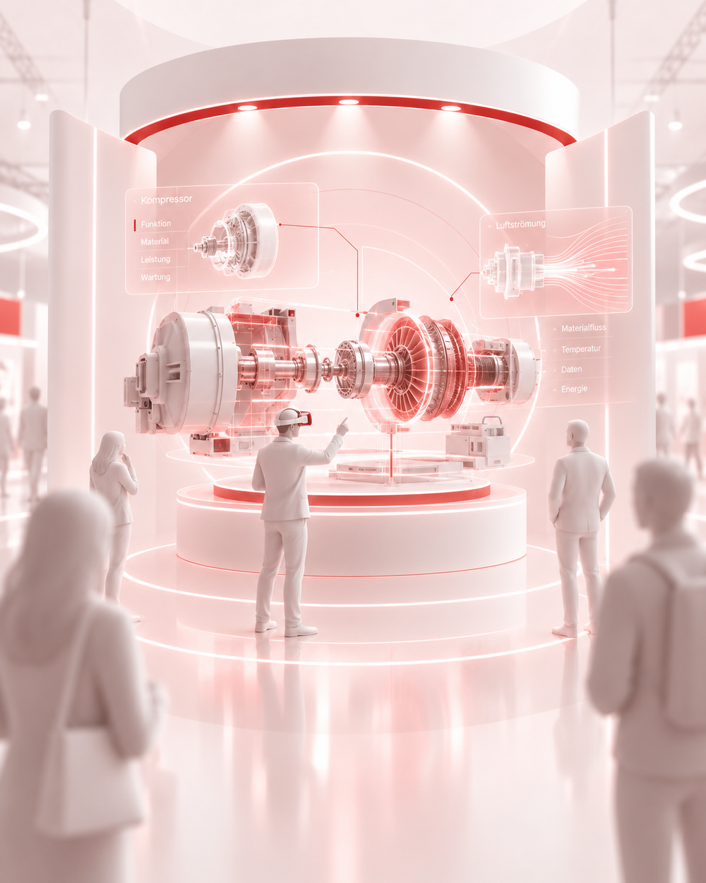 Virtuelle Produktpräsentation eines Kompressors mit Bauteilen, Daten und Materialflüssen