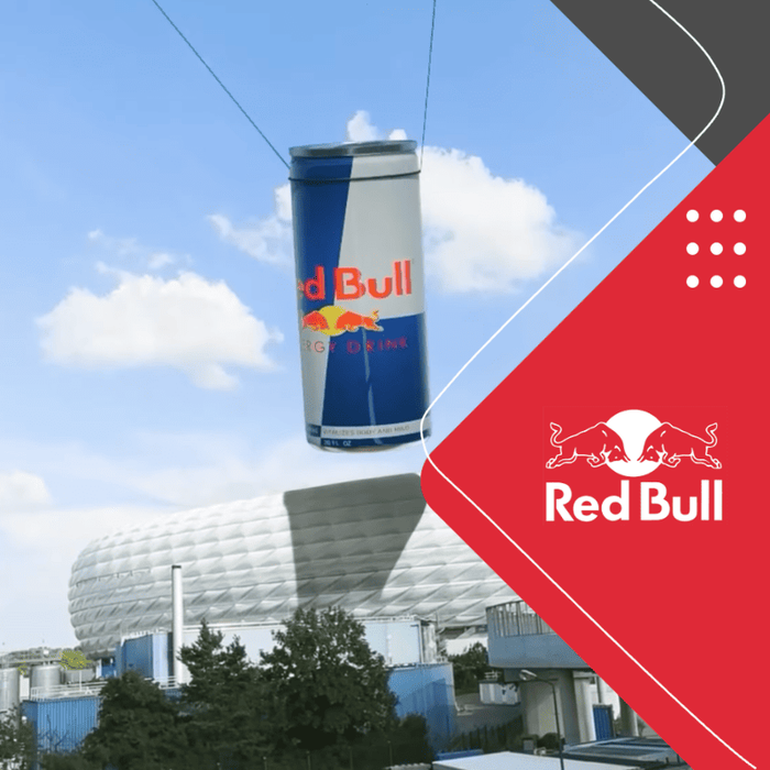 Red Bull CGI mit schwebender Energy-Drink-Dose über Allianz Arena