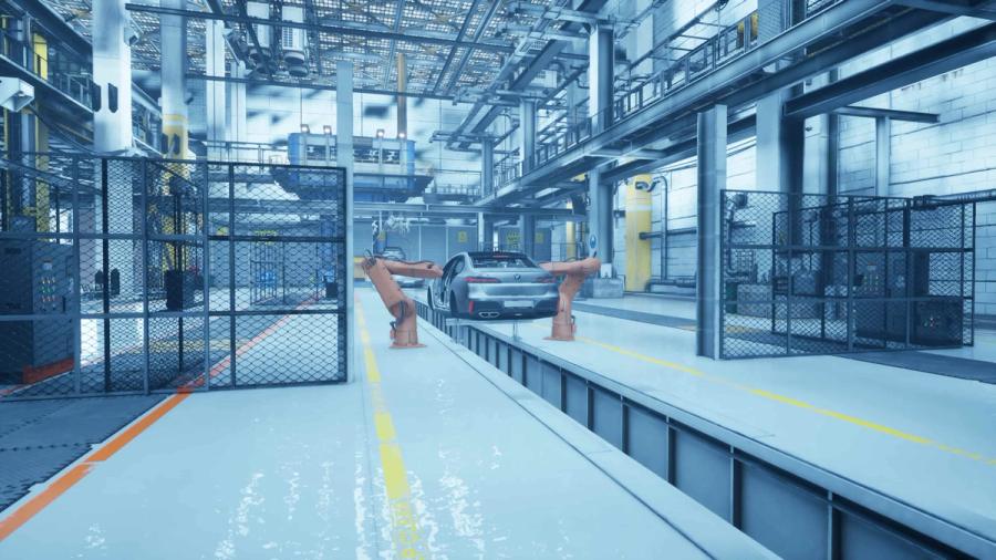 Storytelling in VR mit virtueller Automobilproduktion und Fahrzeug in einer Werkhalle