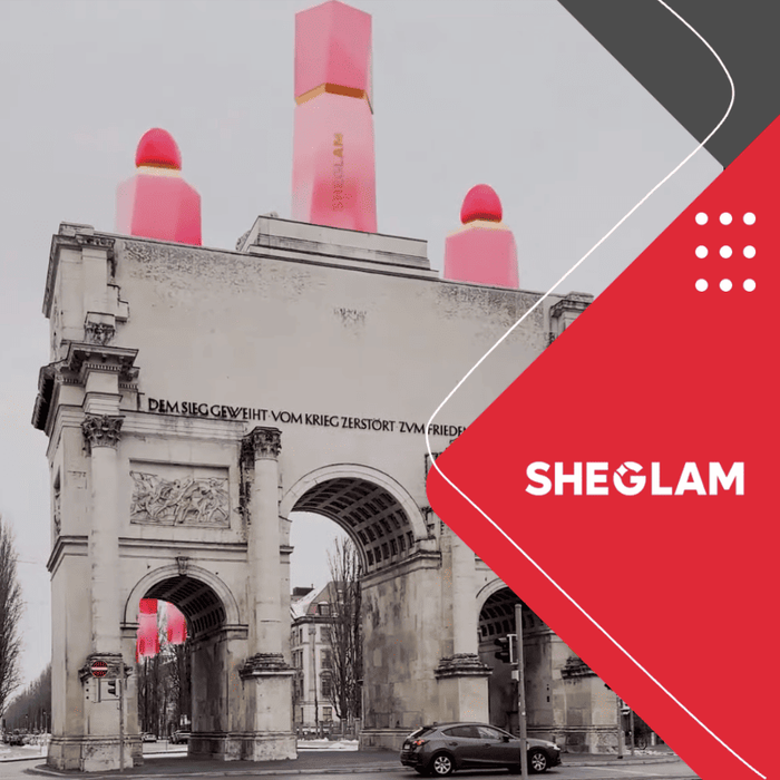 CGI-Projekt für SHEGLAM von The Cardinal Agency – 3D Beauty-Kampagne am Siegestor in München