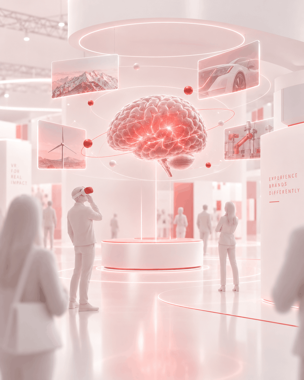 VR-Nutzer erlebt verschiedene Markenwelten als immersives Erlebnis auf einer Messe