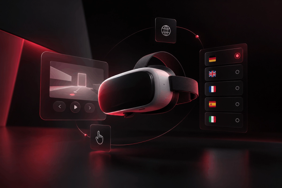 VR-Brille mit Sprachmenü für Deutsch, Englisch und Französisch am Messestand