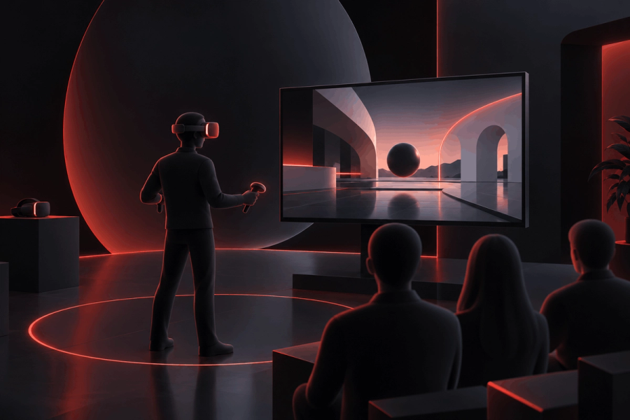 VR-Nutzer vor Monitor, der die VR-Experience für weitere Besucher zeigt
