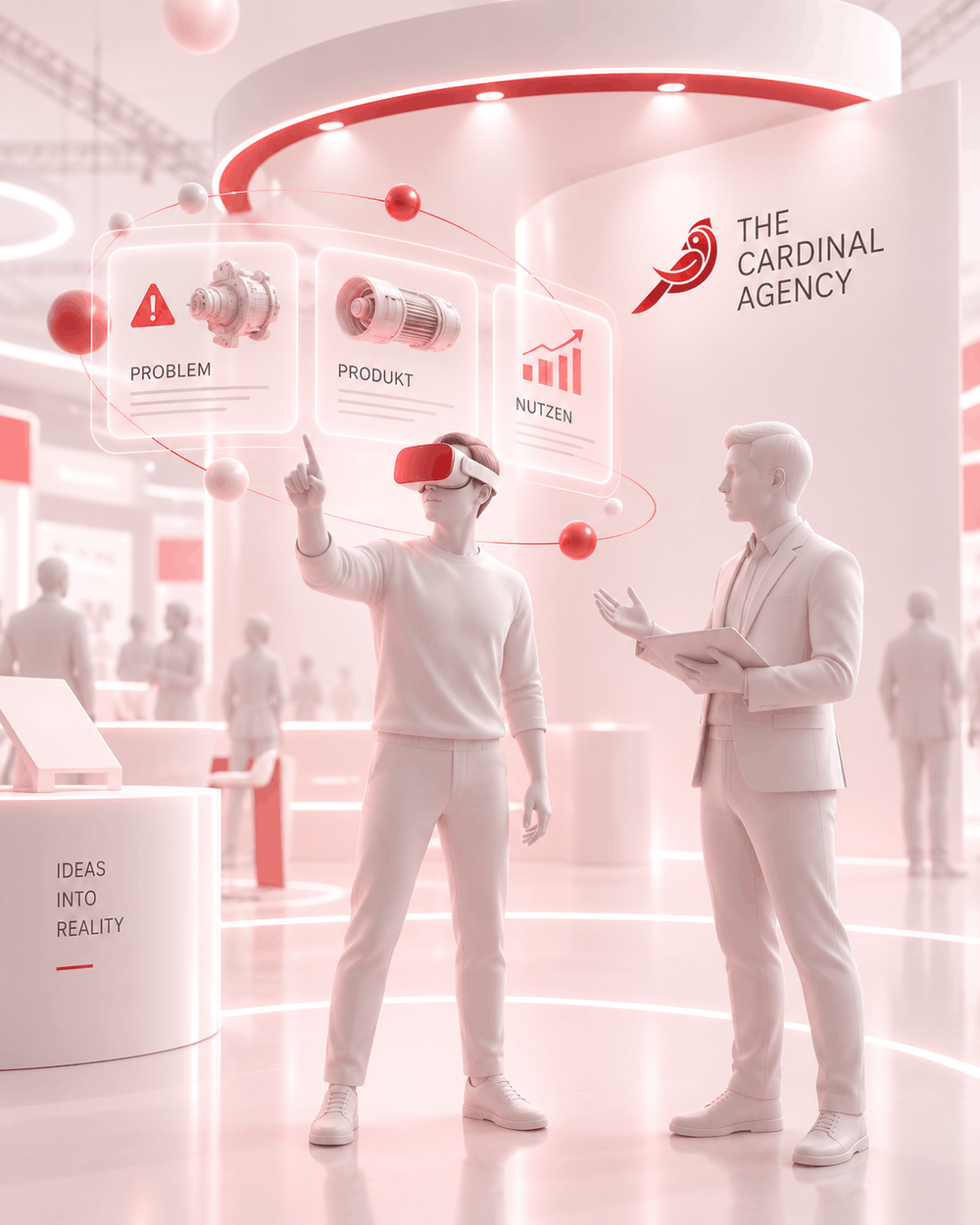 Besucher nutzt VR am Messestand und bespricht Produktnutzen mit dem Standpersonal