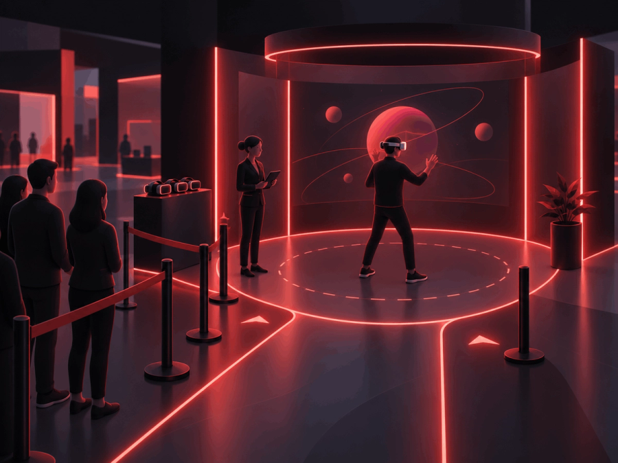 VR-Station mit Sicherheitsbereich, Betreuung und Reserve-Headsets am Messestand