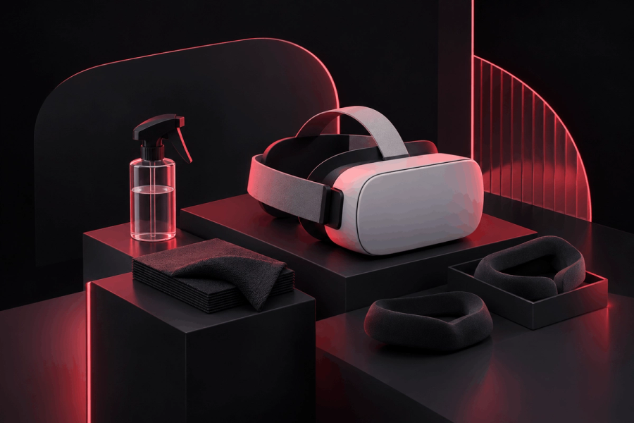 VR-Brille neben Reinigungsflasche für Hygiene und Reinigung am Messestand