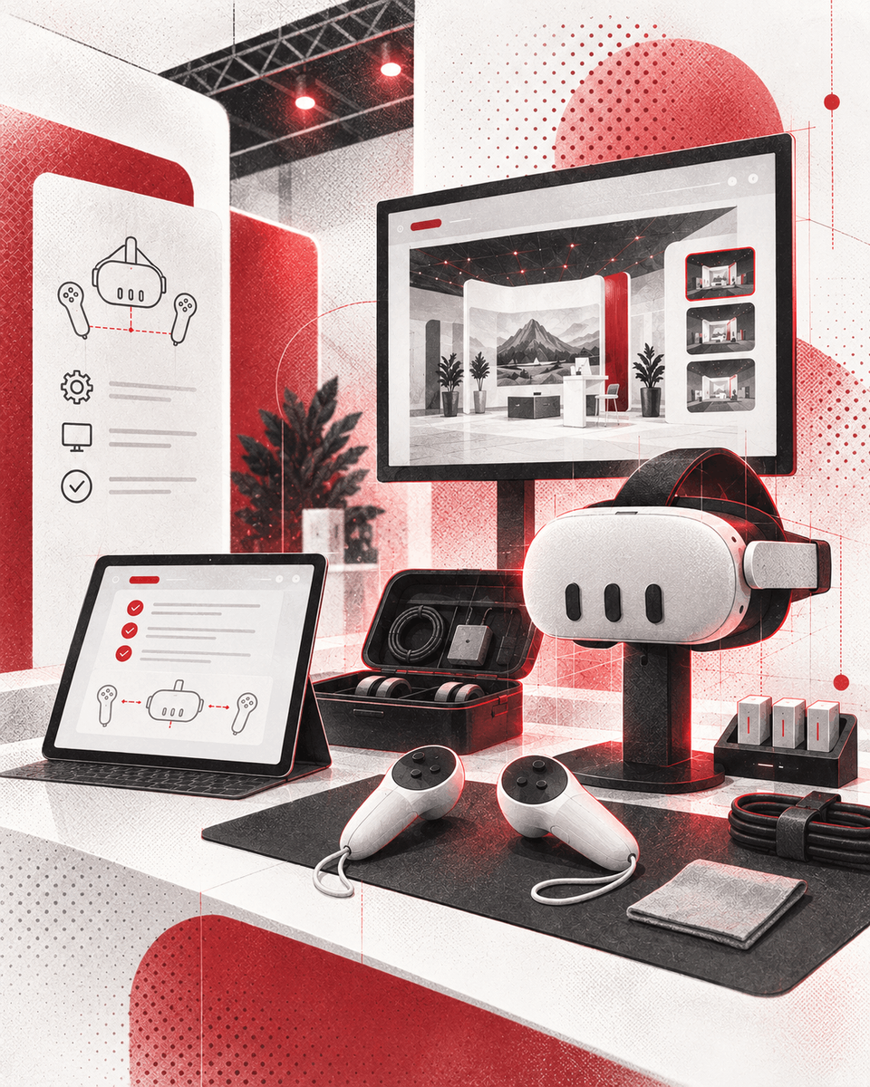 VR-Setup mit Headset, Controllern und Anleitung für die technische Einweisung am Messestand