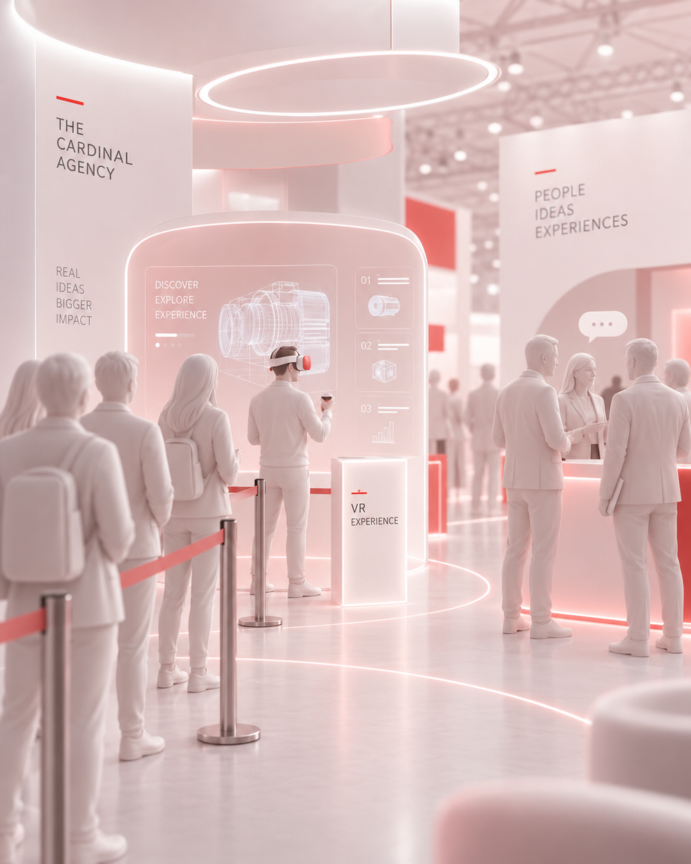 Besucher erleben eine VR-Experience am Messestand, während das Standpersonal Gespräche führt