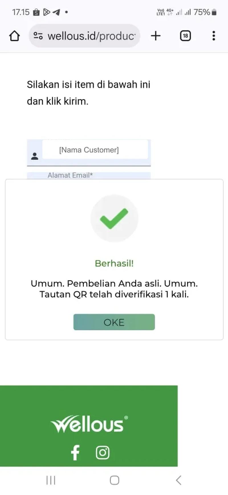 Halaman verifikasi wellous.id menampilkan status Berhasil — DVN Collagen terverifikasi asli
