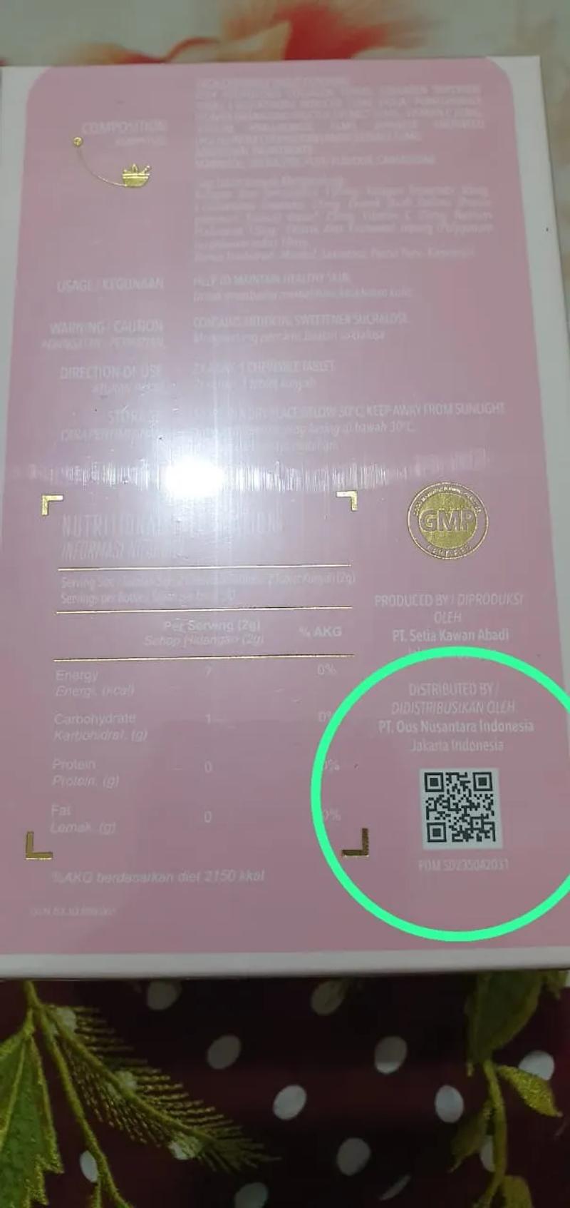 Bagian belakang kemasan DVN Collagen asli dengan nomor BPOM SD235042031, QR code, dan info distributor