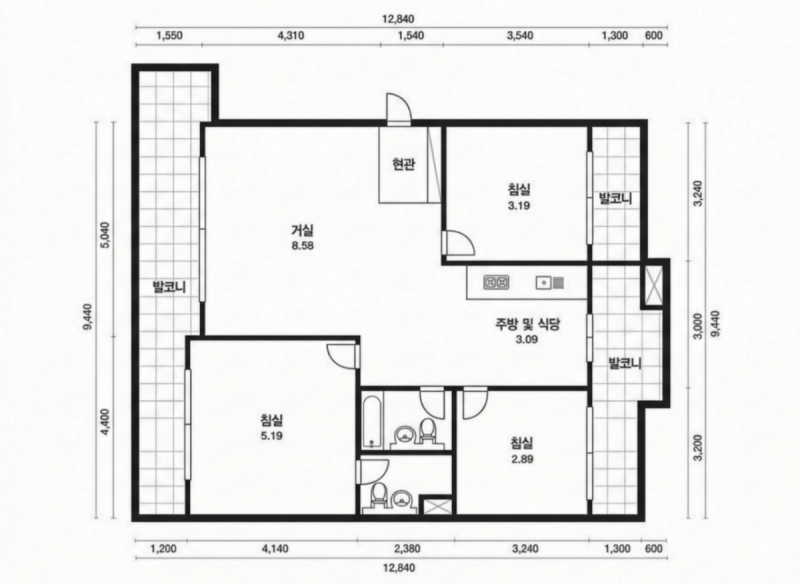 신정동롯데캐슬 32평형 평면도