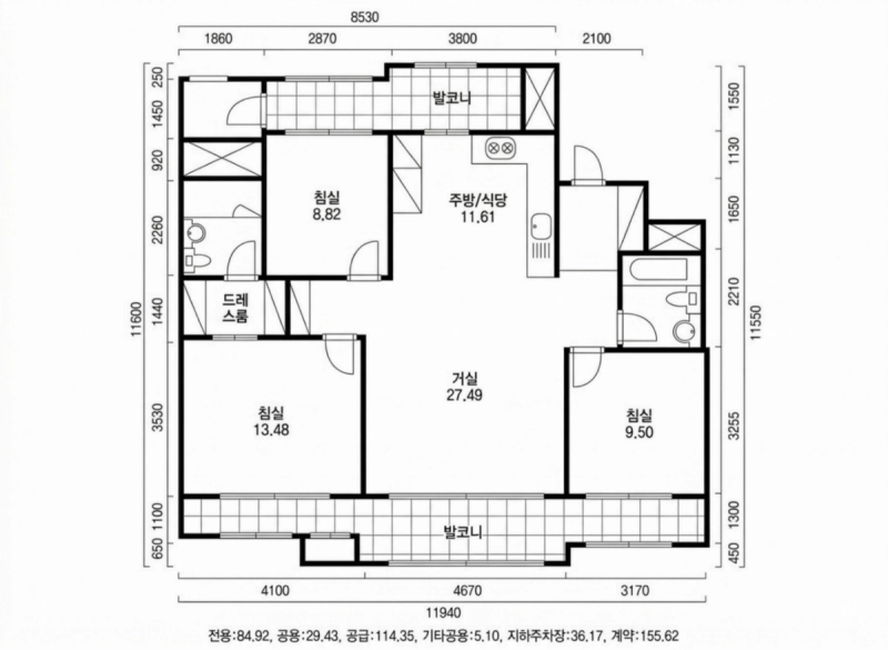송파 파인타운 13단지 34평형 평면도