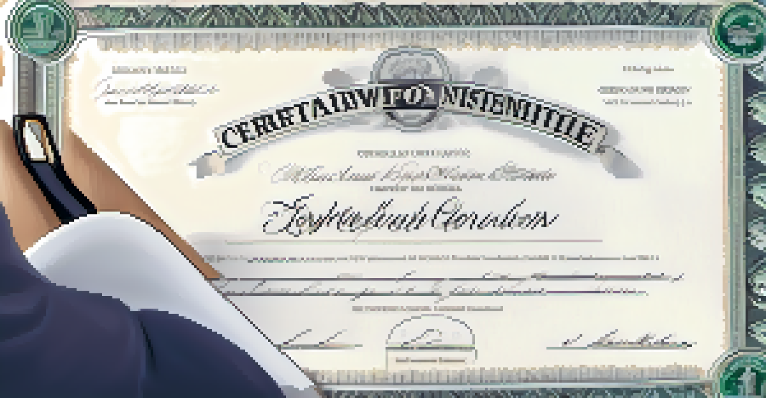 A hand holding a stock certificate in front of an office desk with financial documents and a laptop in the background.