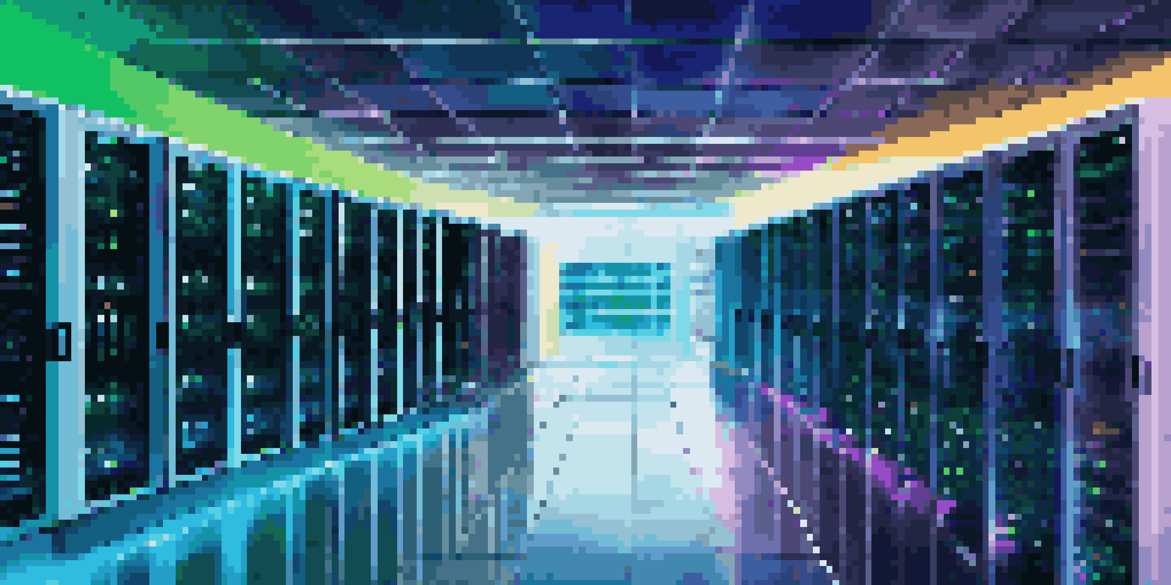 A modern data center filled with rows of servers, illuminated by colorful LED lights in a sleek and high-tech environment.