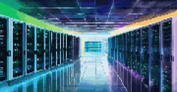 A modern data center filled with rows of servers, illuminated by colorful LED lights in a sleek and high-tech environment.