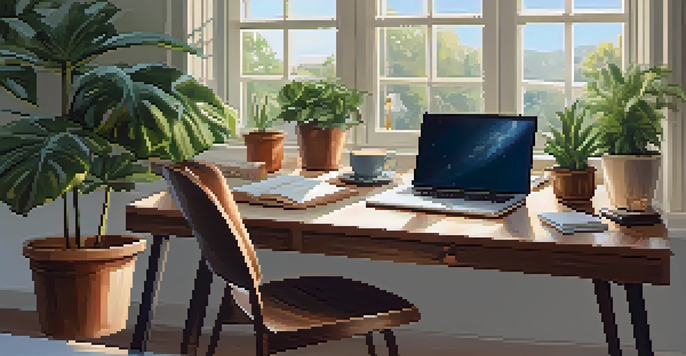 A cozy office workspace with a wooden desk, laptop, potted plants, and a cup of coffee, illuminated by natural light.