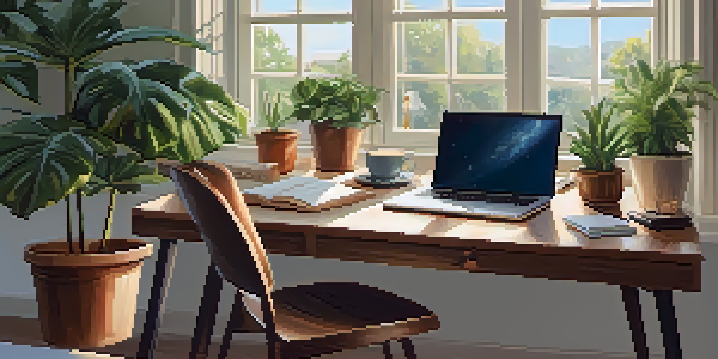 A cozy office workspace with a wooden desk, laptop, potted plants, and a cup of coffee, illuminated by natural light.