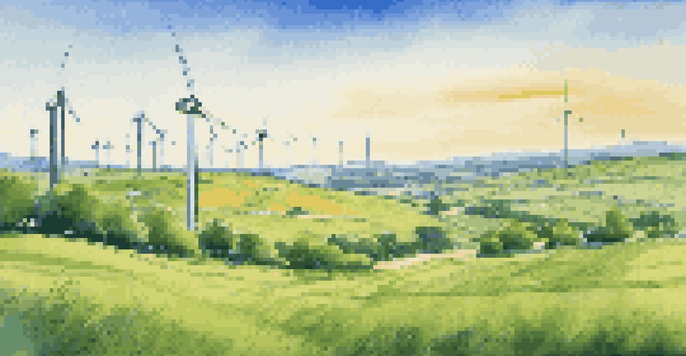 A peaceful landscape showing wind turbines and solar panels in a green field under a bright sky.