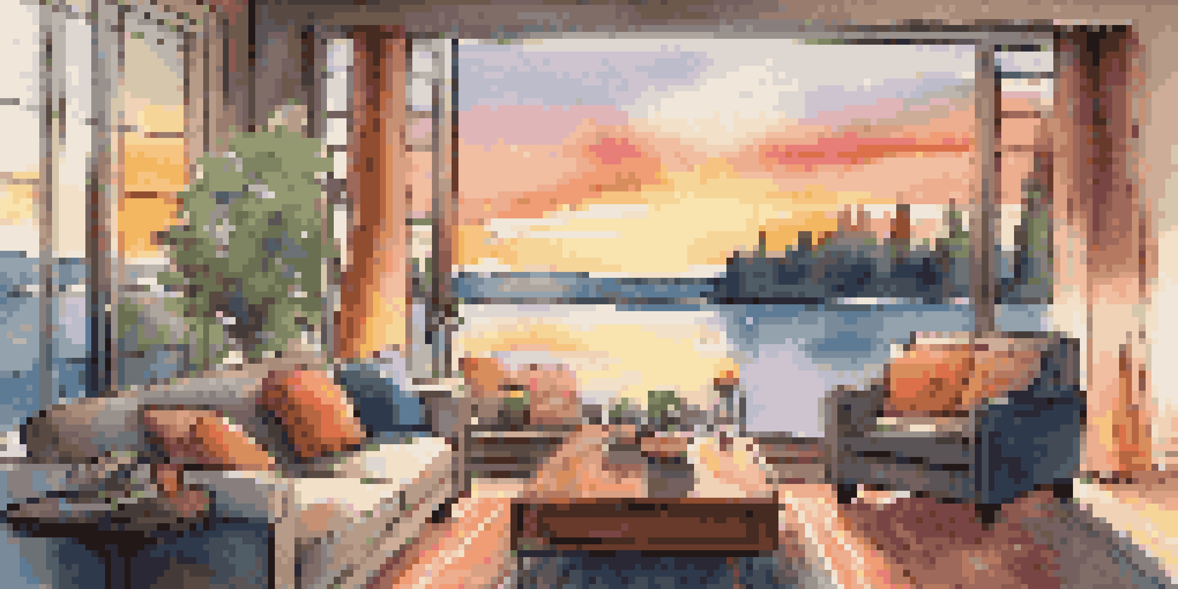A welcoming living room with a modern sofa and colorful cushions, a wooden coffee table, and a sunset view through a large window.