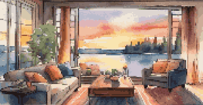 A welcoming living room with a modern sofa and colorful cushions, a wooden coffee table, and a sunset view through a large window.