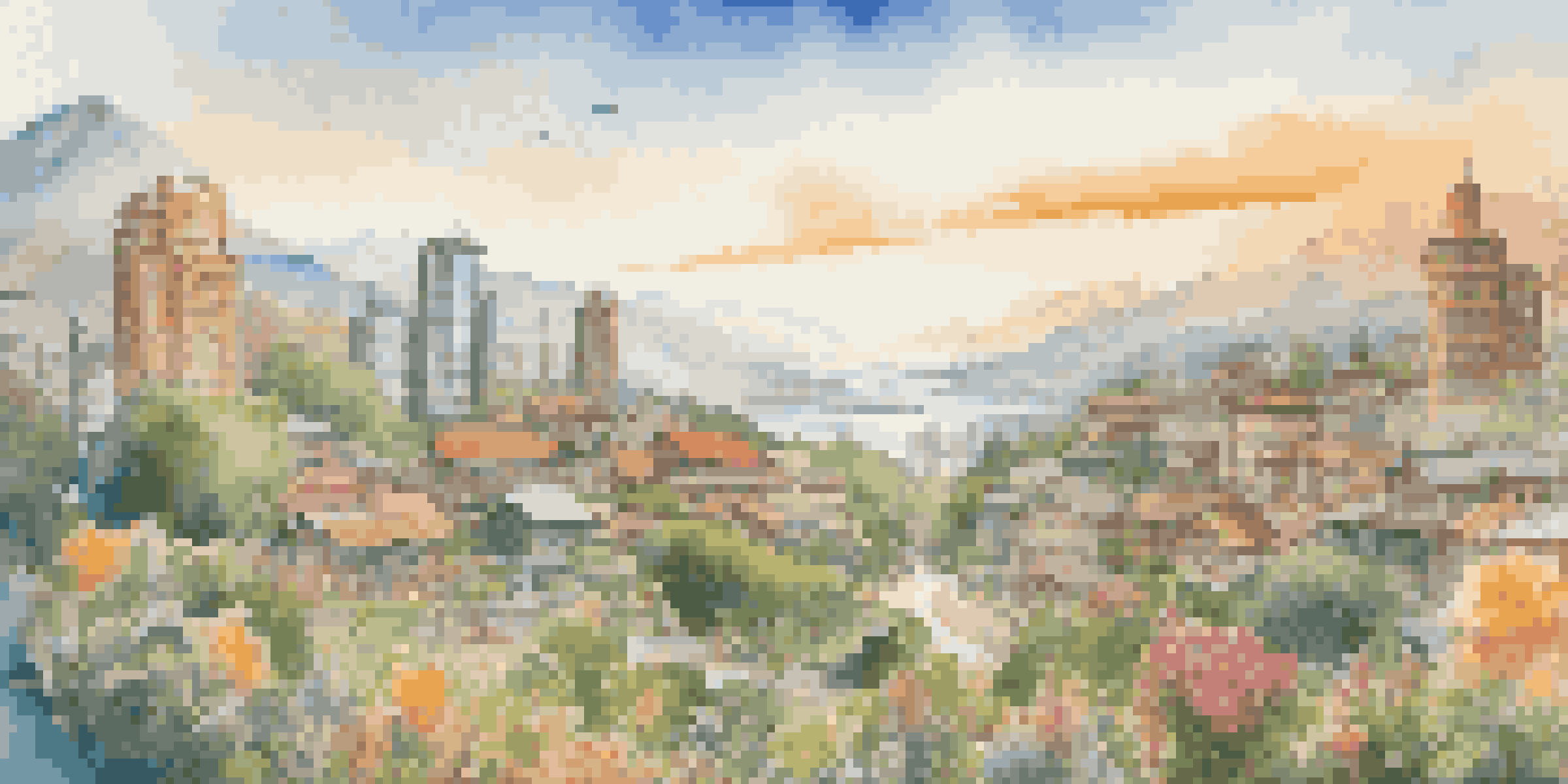 A peaceful landscape showcasing various assets like a city skyline for stocks, mountains for bonds, colorful flowers for cryptocurrencies, and homes for real estate, all under a warm golden light.