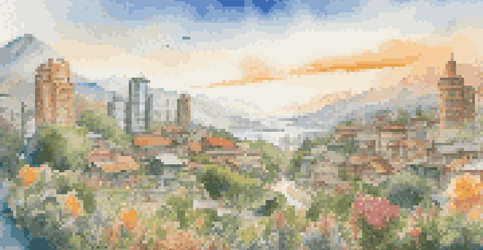 A peaceful landscape showcasing various assets like a city skyline for stocks, mountains for bonds, colorful flowers for cryptocurrencies, and homes for real estate, all under a warm golden light.