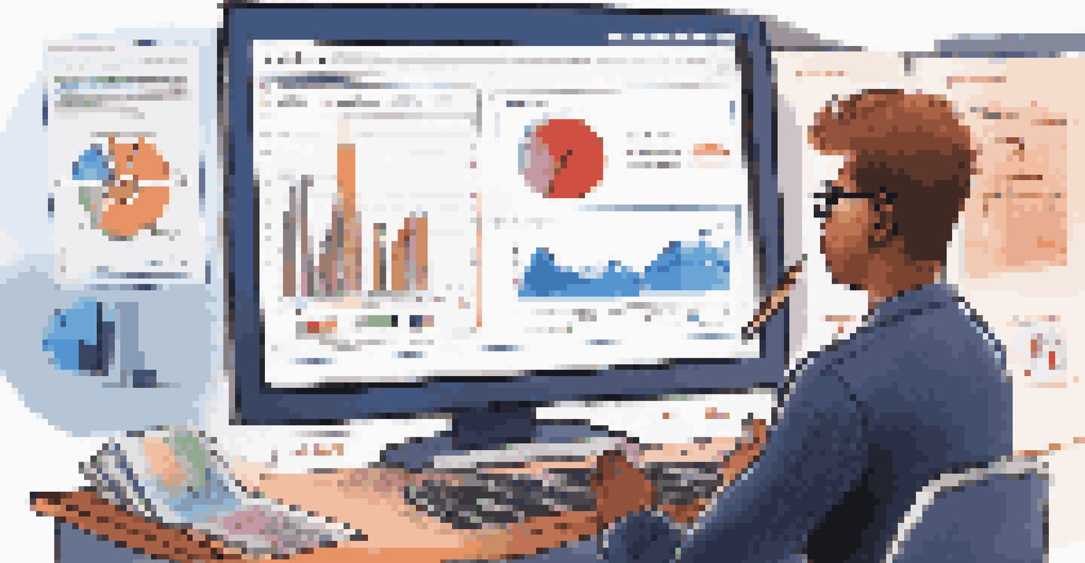 A person focused on a laptop displaying stock market graphs during an online financial webinar, with notes and a pen on the desk.
