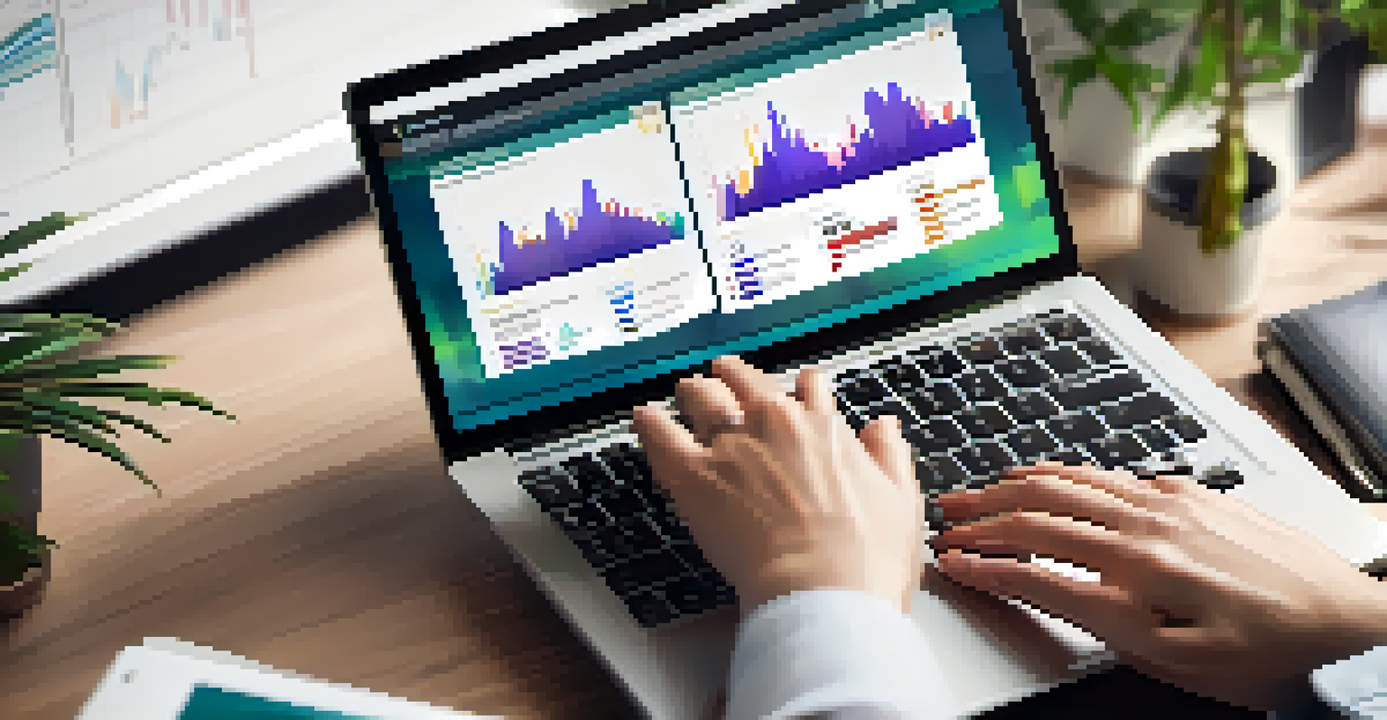 A close-up of a laptop keyboard with a financial graph showing growth on the screen, in an inspiring office environment.