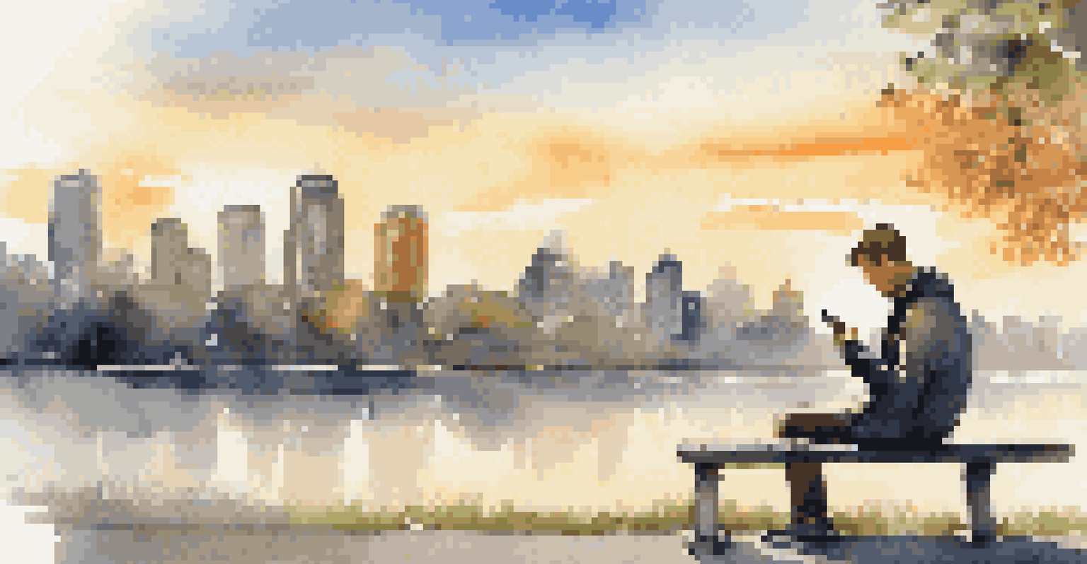 A person sitting on a park bench looking at a smartphone, with a city skyline in the background during sunset.