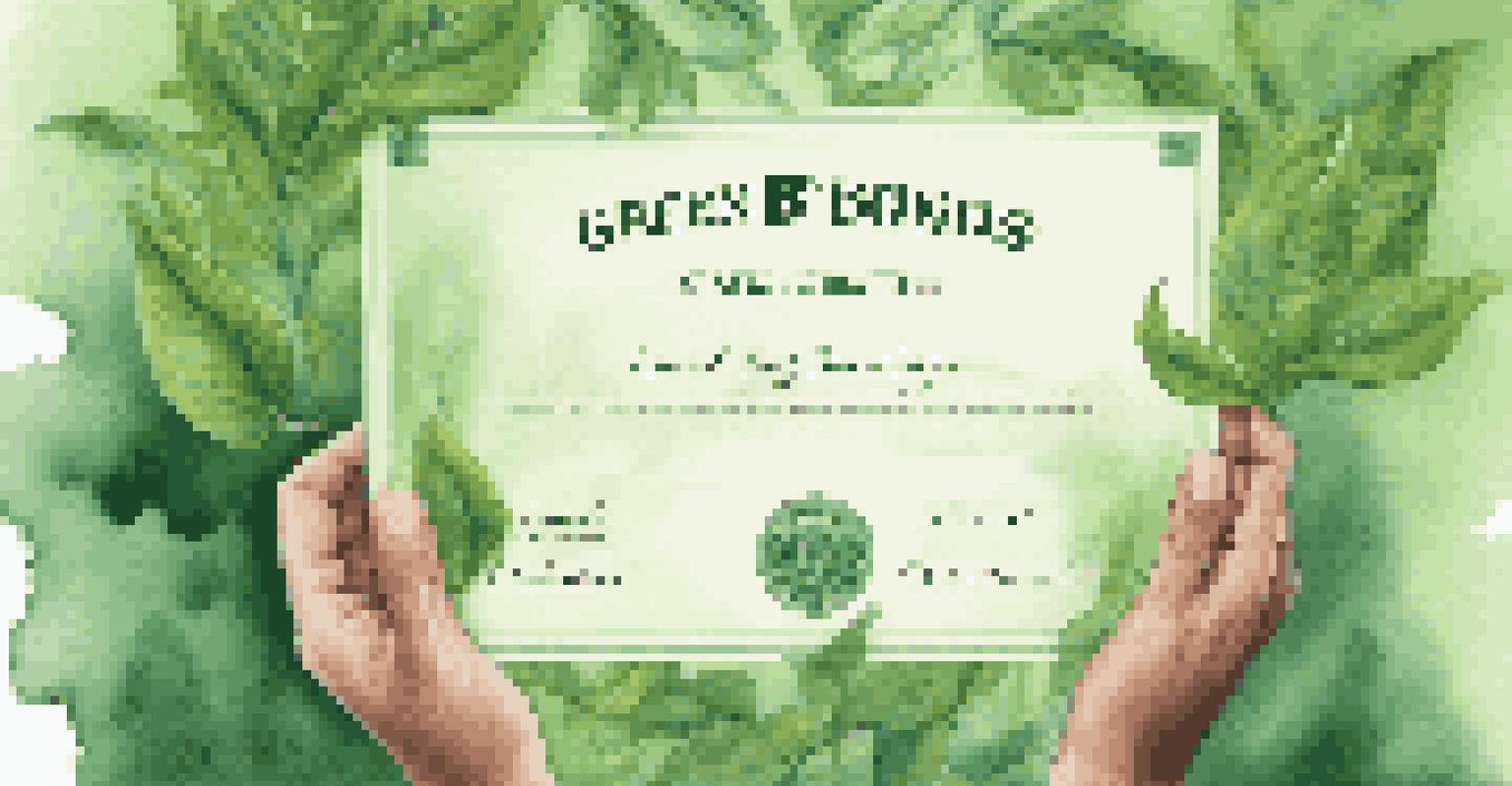 Hands holding a green bond certificate with nature designs, symbolizing sustainable finance.
