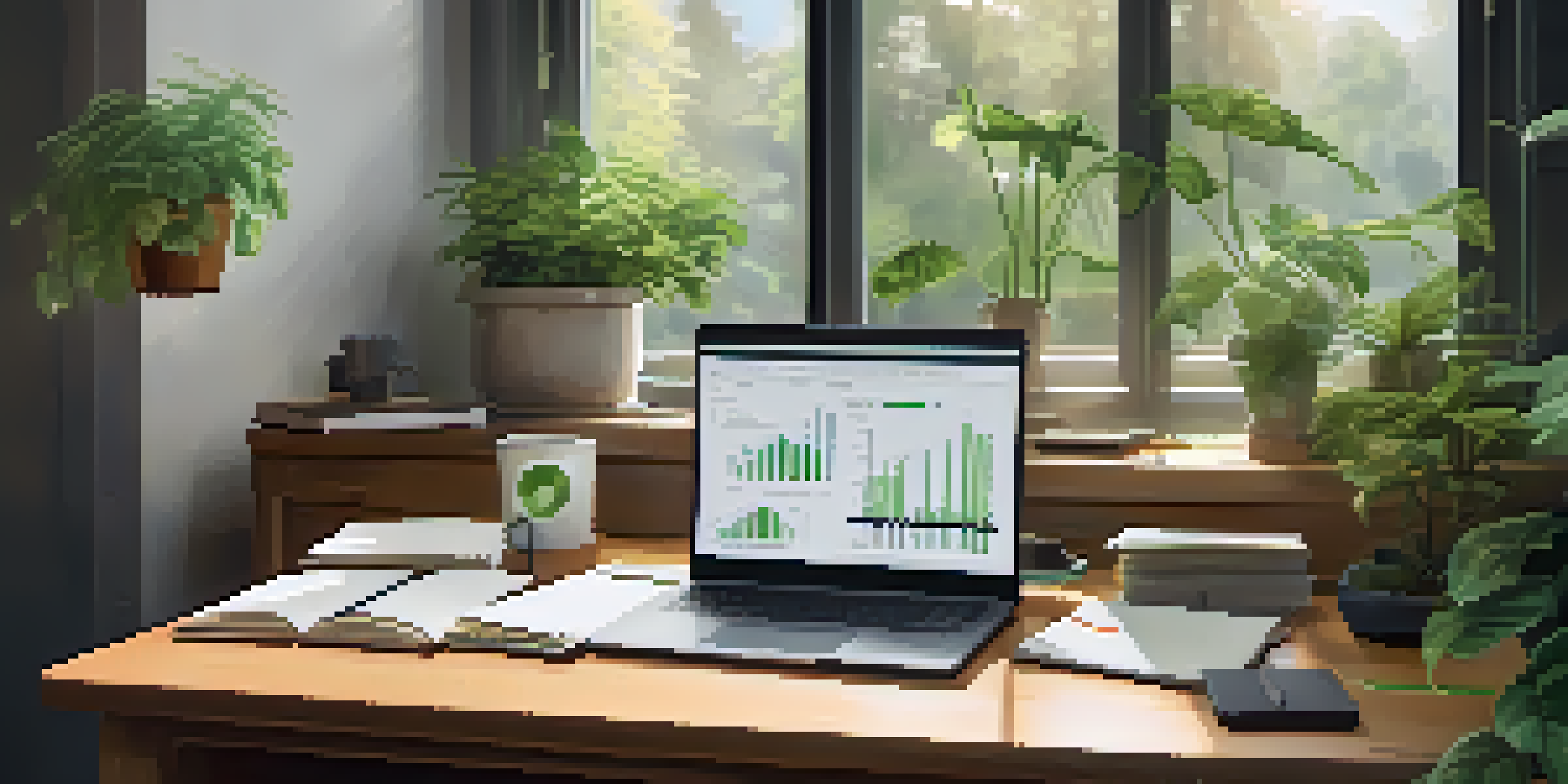 A peaceful office scene featuring a wooden desk with a laptop showing financial graphs and a notepad, with natural light coming in and green plants on the windowsill.