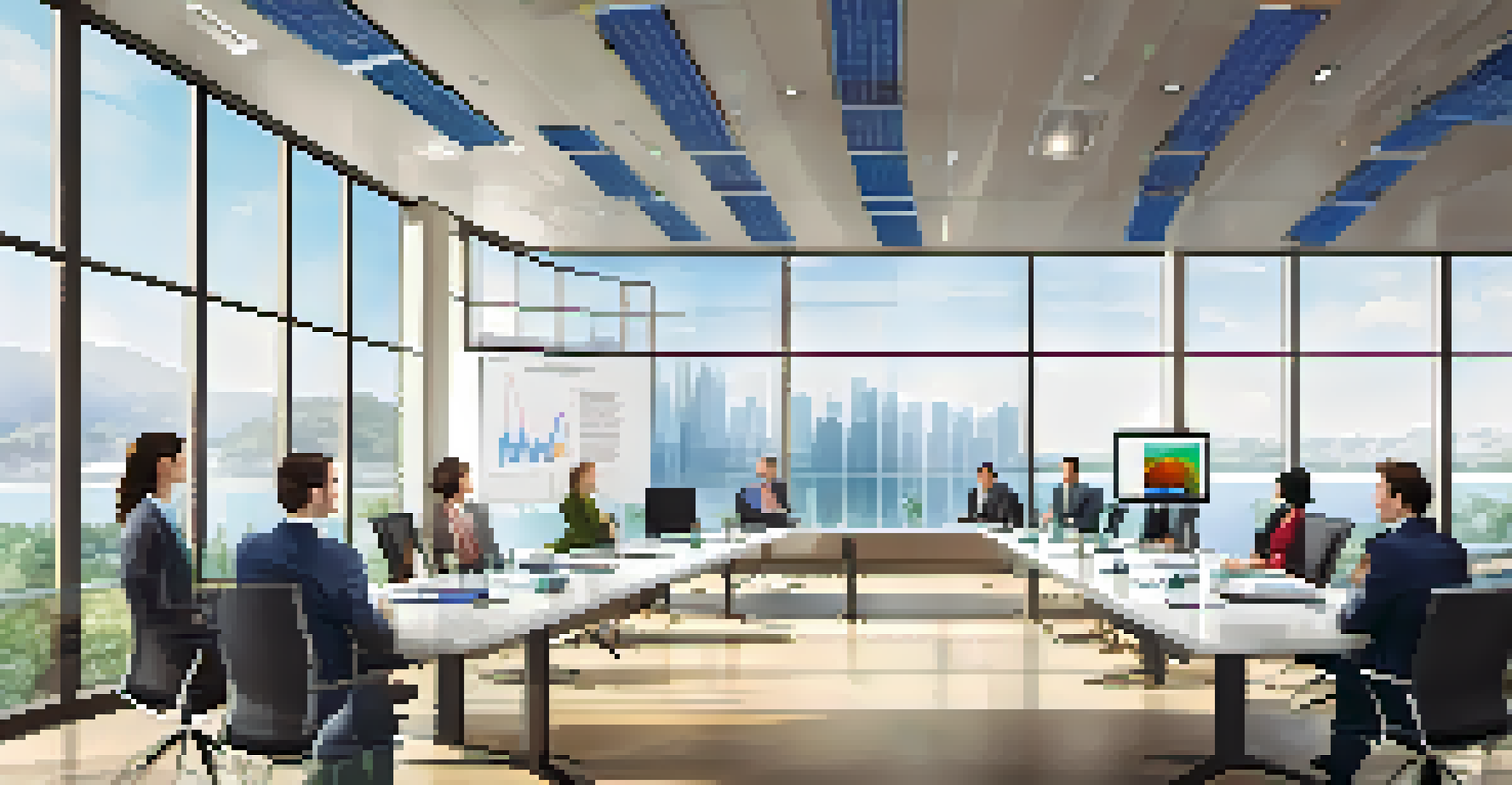 A diverse group of professionals in a modern meeting room discussing renewable energy investments with graphs on a screen.